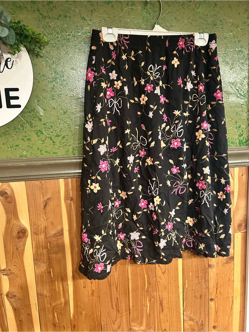 Bobbie Brooks Black Midi Skirt with Pink & Yellow Floral Embroidery
